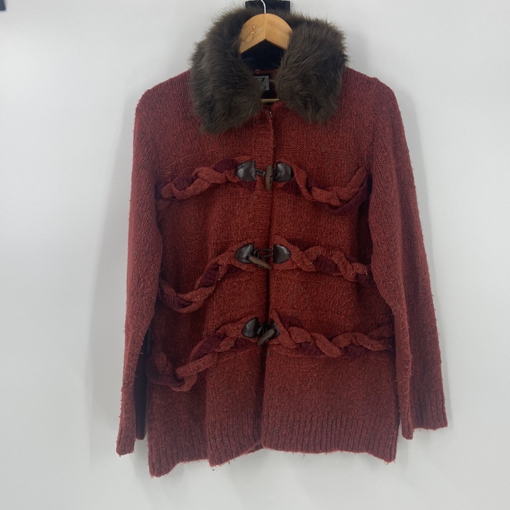 Rust colored wool blend toggle close knit sweater Jacket faux fur collar large